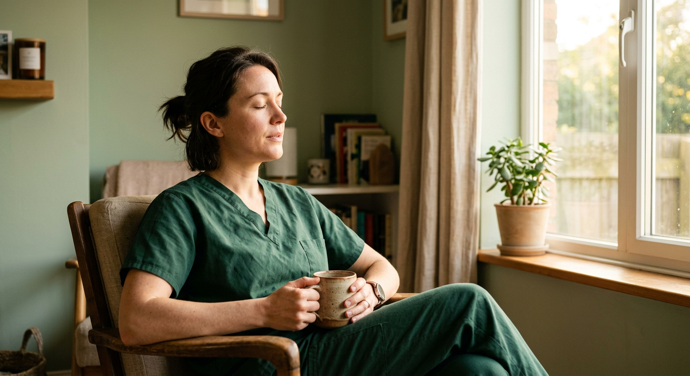 A nurse in green scrubs resting by a sunlit window with a mug after a shift