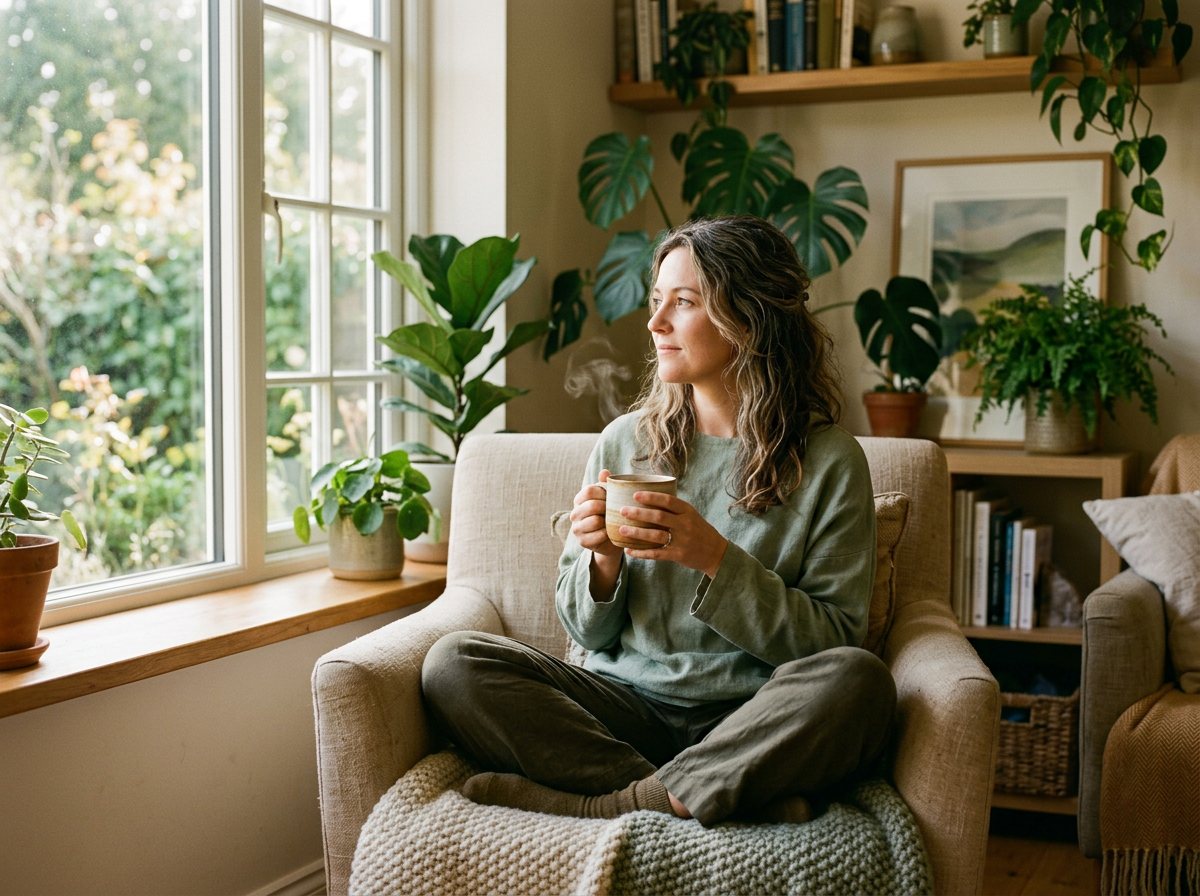A woman sitting in a sunlit armchair holding a cup of tea, looking toward the window